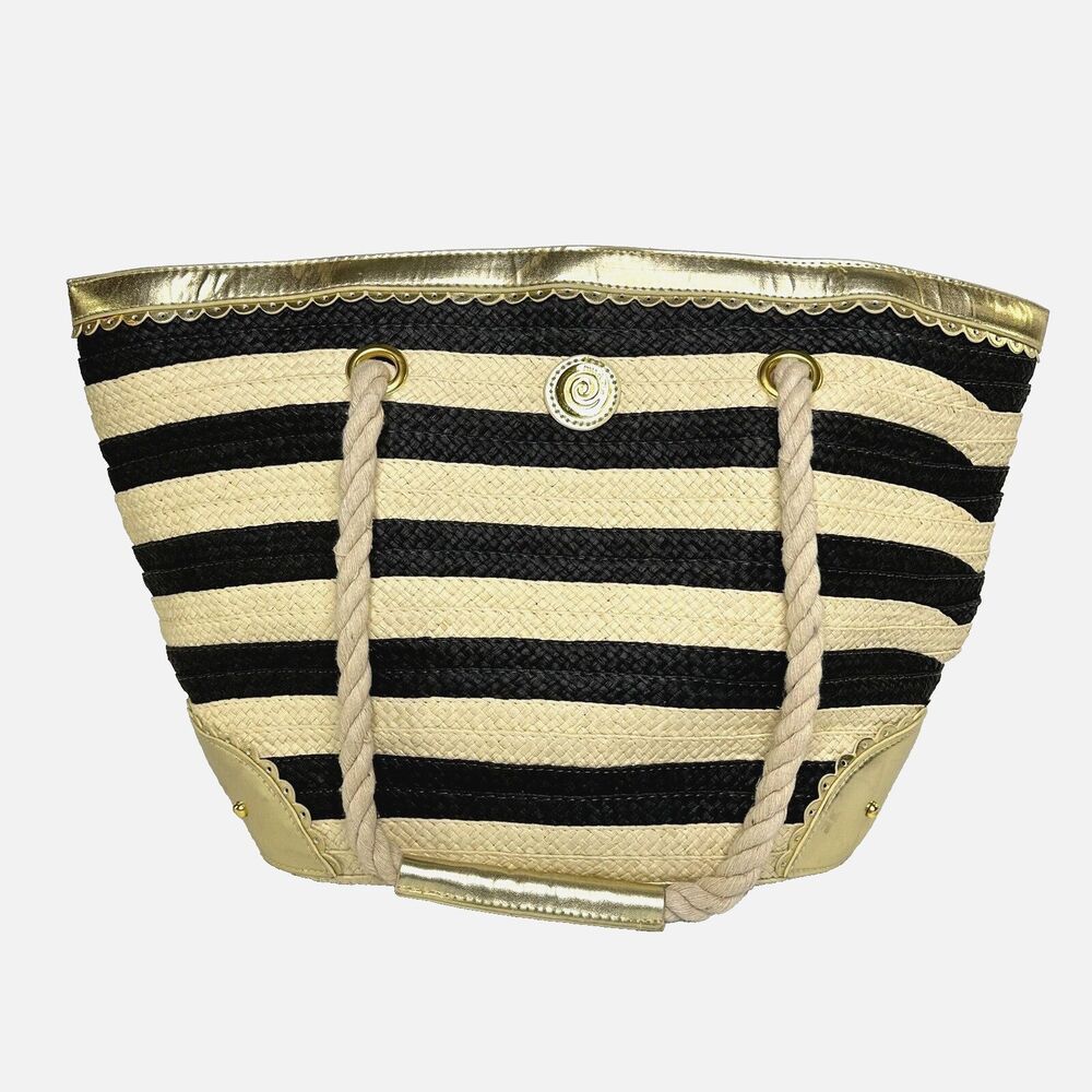 Mudpie Beach Tote Bag Rope Handles Striped Lined Nautical Gold Trim Paper Cruise